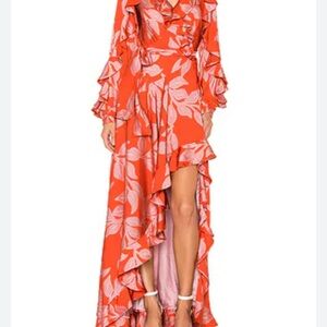 PatBO Orange and Pink Floral Ruffle Long Sleeve Maxi Dress